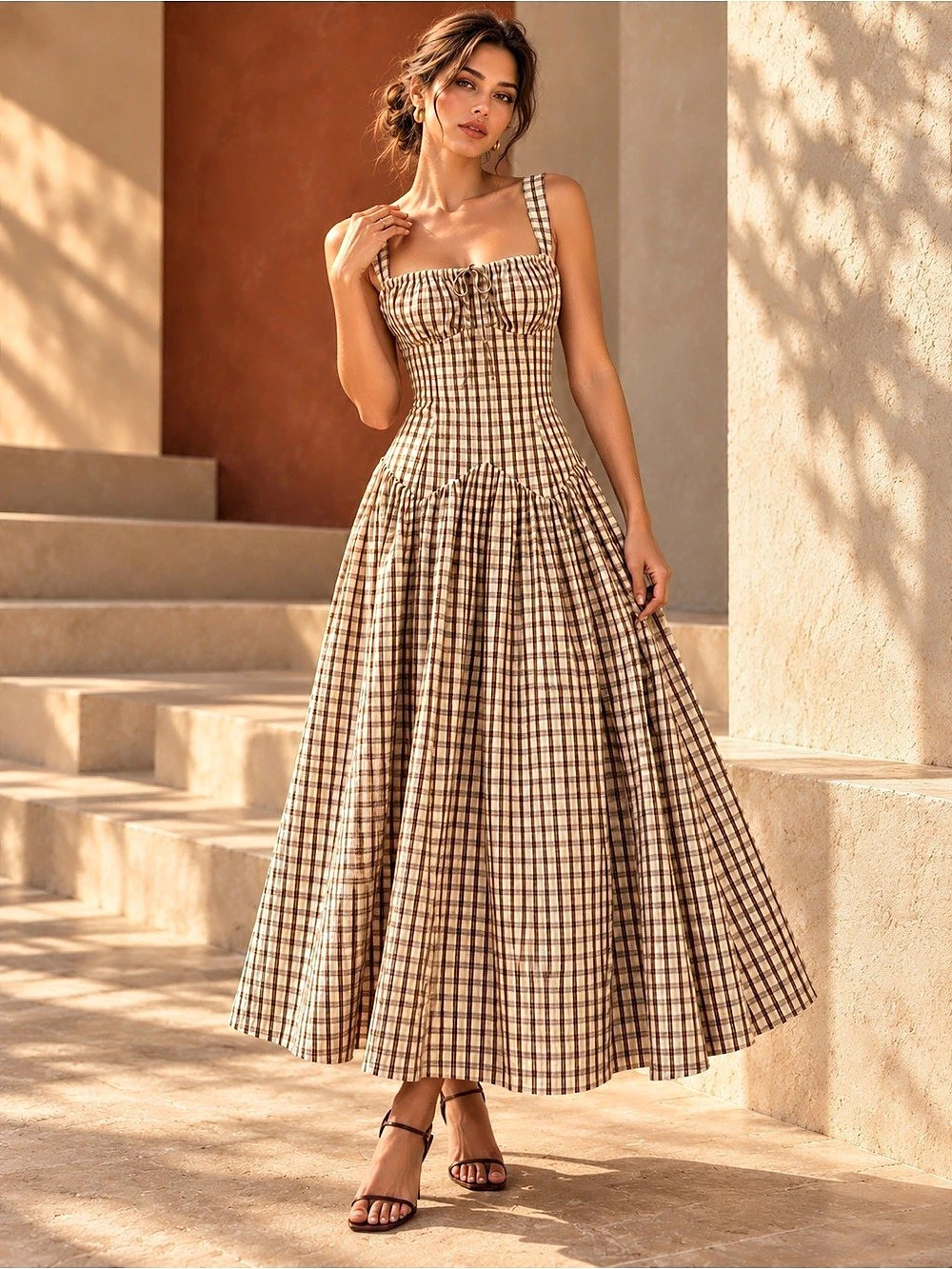 Avec Les Filles NWT Gingham Plaid Check Drop Waist Cotton Dress White Brown 2